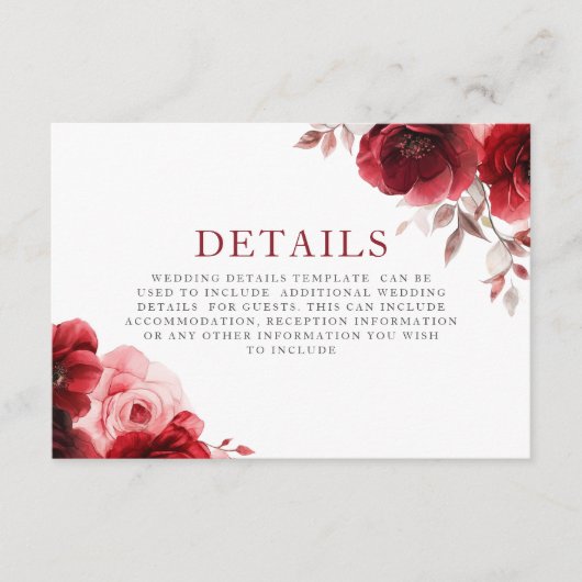 Ruby Red Wine Luxe Radiant Floral Wedding Details Informatiekaartje (Voorkant)