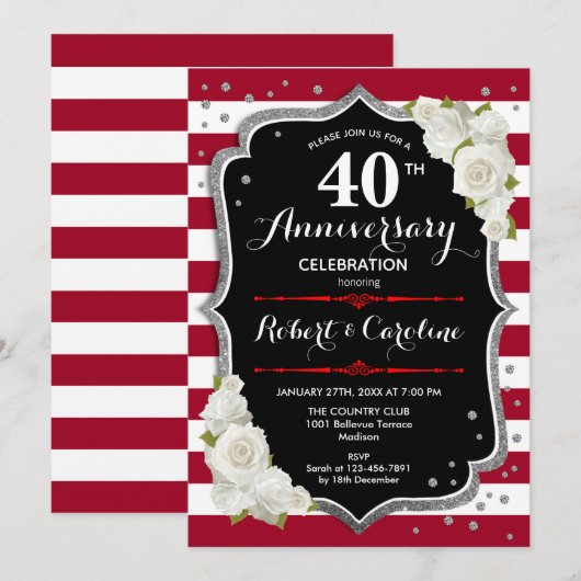 Ruby Red Zilver Zwart 40ste Verjaardag Kaart (Voorkant / Achterkant)