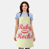 Ruby Rocks ontwerp rode en melloge crème Schort (Gedragen)
