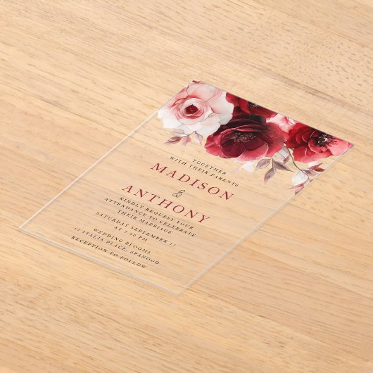 Ruby Rode Wijn Luxe Stralende Bloemen Huwelijk Acryl Uitnodigingen (Laagn)