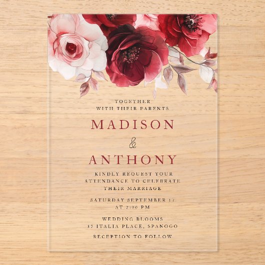 Ruby Rode Wijn Luxe Stralende Bloemen Huwelijk Acryl Uitnodigingen (Voorkant)