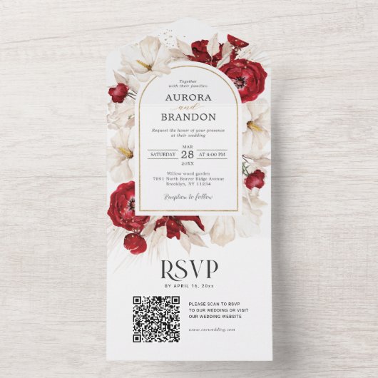 Ruby rood en wit bloemen bruiloft all in one uitnodiging (Binnen)
