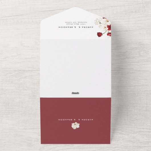 Ruby rood en wit bloemen bruiloft all in one uitnodiging (Buitenkant)
