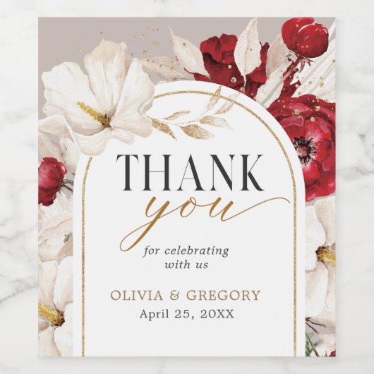 Ruby rood en wit bloemen bruiloft dank u wijn etiket (Enkel label)