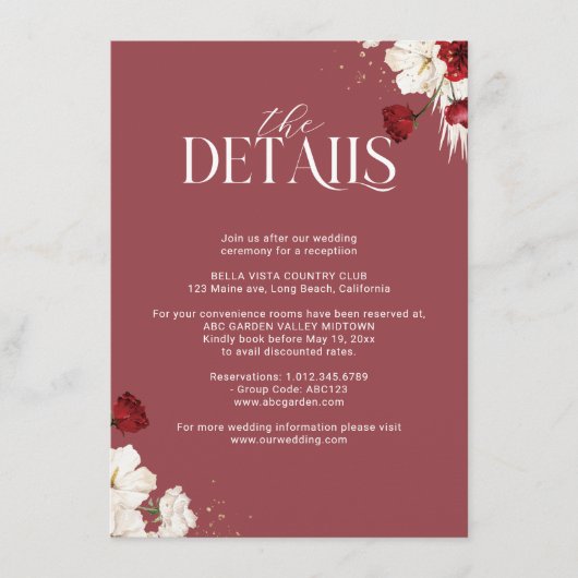 Ruby rood en wit bloemen bruiloft Details Informatiekaartje (Voorkant)