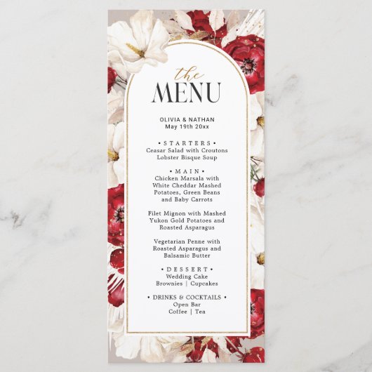 Ruby rood en wit bloemen bruiloft Diner Menu (Voorkant)