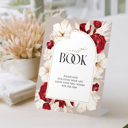 Ruby rood en wit bloemen bruiloft gastenboek reclamebord met voetstuk