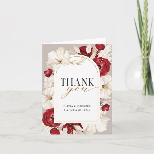 Ruby rood en wit bloemen bruiloft gevouwen bedankkaart (Voorkant)