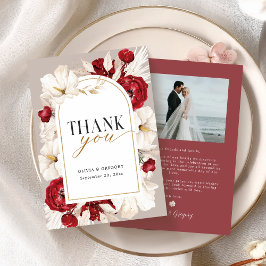 Ruby rood en wit bloemen bruiloft met foto bedankkaart