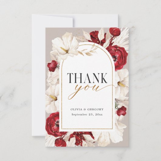 Ruby rood en wit bloemen bruiloft met foto bedankkaart (Voorkant)