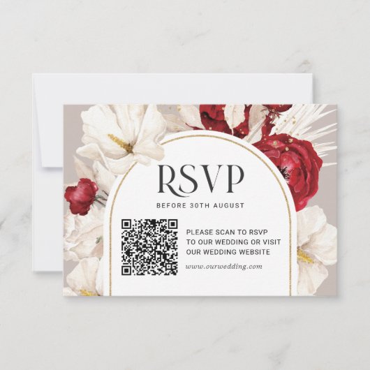 Ruby rood en wit bloemen bruiloft RSVP met QRcode Kaartje (Voorkant)