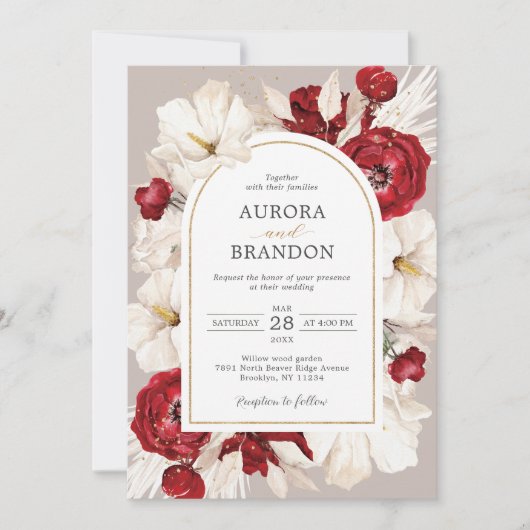 Ruby rood en wit bloemen Uitnodiging met QR-code (Voorkant)