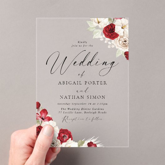 Ruby rood en wit Bloemen Waterverf bruiloft Acryl Uitnodigingen (Insitu (Draagbaar))