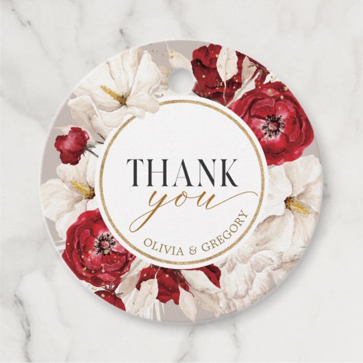 Ruby rood en wit bloemendank u bedankjes labels (Voorkant)
