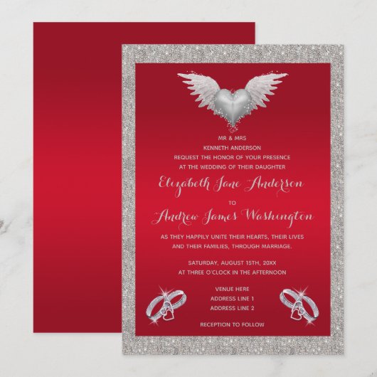 Ruby Rood, Glitterende Ringen & Veer Hart Trouw Kaart (Voorkant / Achterkant)