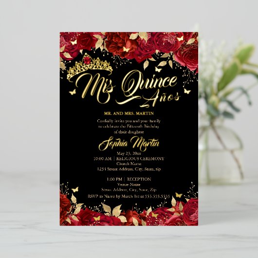 Ruby Rood Goud Zwart Roos Mis Quince Quinceanera Folie Uitnodiging (Staand Voorkant)