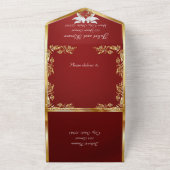 Ruby rood, gouden bladeren, duiven & hart all in one uitnodiging (Buitenkant)