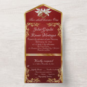 Ruby rood, gouden bladeren, duiven & hart all in one uitnodiging (Binnen)