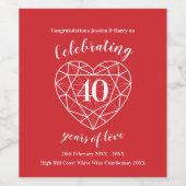 Ruby rood jubileum 40 jaar van liefde wijn etikett etiket (Enkel label)