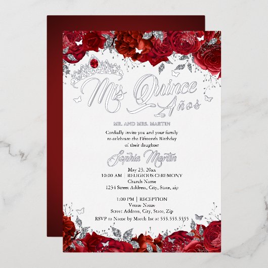 Ruby Roos Mis Quince Red Silver Quinceanera Folie Uitnodiging (Voorkant / Achterkant)