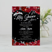 Ruby Roos Mis Quince Rood Zilver Zwart Quinceanera Folie Uitnodiging (Staand Voorkant)