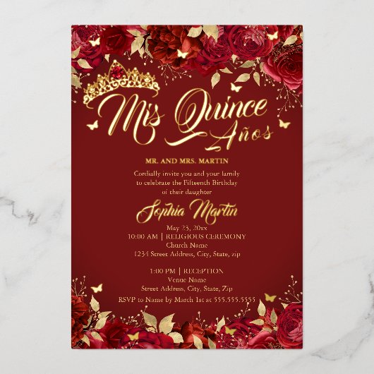 Ruby Roos Red Mis Quince Quinceanera Folie Uitnodiging (Voorkant)