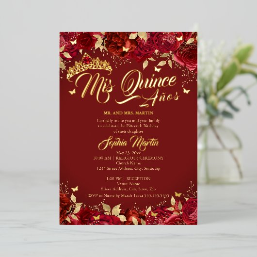Ruby Roos Red Mis Quince Quinceanera Folie Uitnodiging (Staand Voorkant)