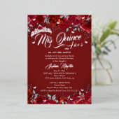 Ruby Roos Red Silver Mis Quince Quinceanera Folie Uitnodiging (Staand Voorkant)