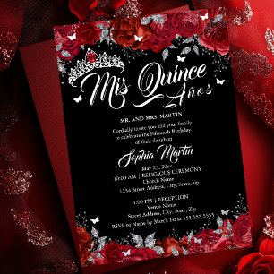 Ruby Rose Mis Quince Red Zilver Zwart Quinceanera Folie Uitnodiging