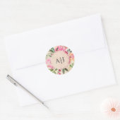 Ruby Roze Pioen Bloem Botanisch Monogram Trouwen Ronde Sticker (Envelop)