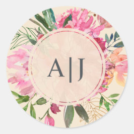 Ruby Roze Pioen Bloem Botanisch Monogram Trouwen Ronde Sticker