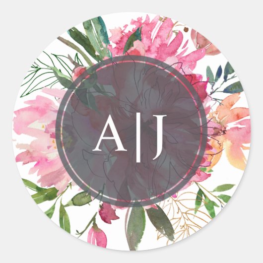 Ruby Roze Pioen Bloem Botanische Monogram Ronde Sticker (Voorkant)