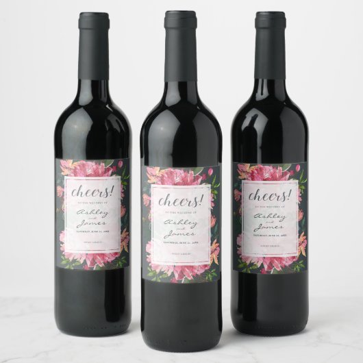 Ruby Roze Pioen Bloem Botanische Trouwkaart Wijn Etiket (Flessen)