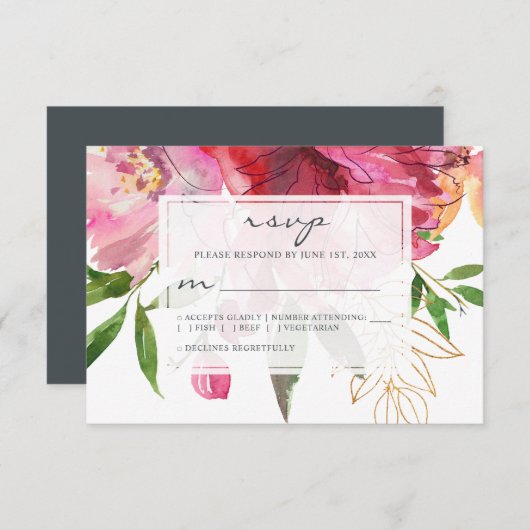 Ruby Roze Pioen Bloemen Bruiloft RSVP Kaartje (Voorkant / Achterkant)