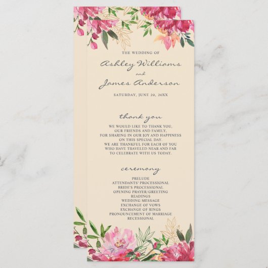 Ruby Roze Pioen Botanisch Ivoor Trouw Programmakaart (Voorkant / Achterkant)