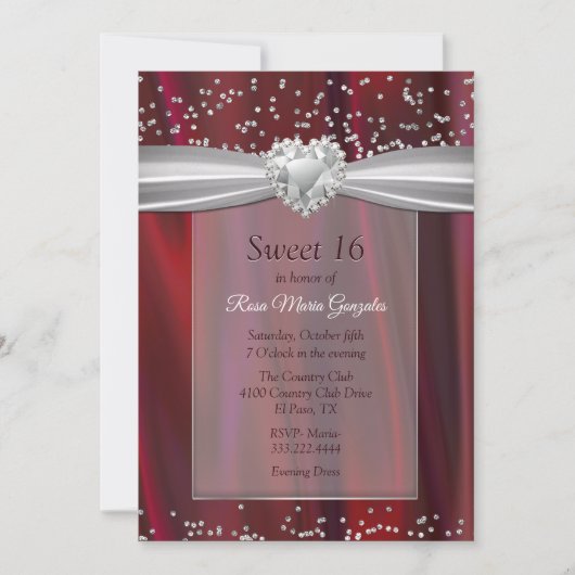 Ruby Satin en Diamonds Sweet 16 Kaart (Voorkant)