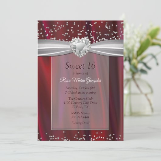 Ruby Satin en Diamonds Sweet 16 Kaart (Staand voorkant)