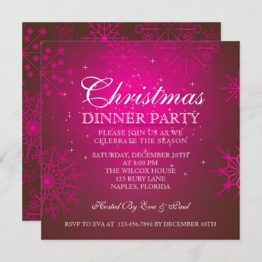 Ruby Sneeuwvlokken Kerst Diner Party Uitnodiging (Voorkant / Achterkant)