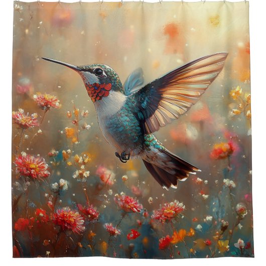 Ruby-Throated Hummingbird Floral Douchegordijn (Voorkant)