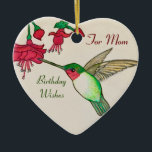 Ruby Throated Hummingbird For Mom Birthday Wishes Keramisch Ornament<br><div class="desc">Your mother will smile at the sight of this elegant ruby-throated humming and pink flower ornament. Created from my original watercolor painting, the botanical design in single and colourful. The cheerful shades of cream, ruby red, pink and cream send a special message of love for her birthday. Perfect for birdwatchers,...</div>