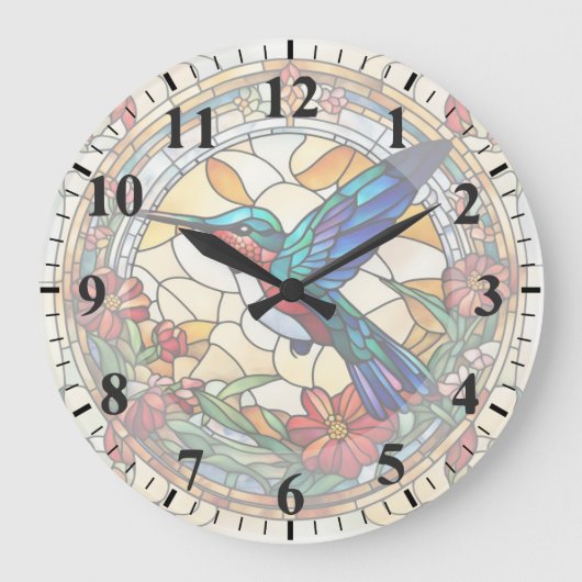 Ruby Throated Hummingbird Glas in lood Vogelklok Grote Klok (Voorkant)