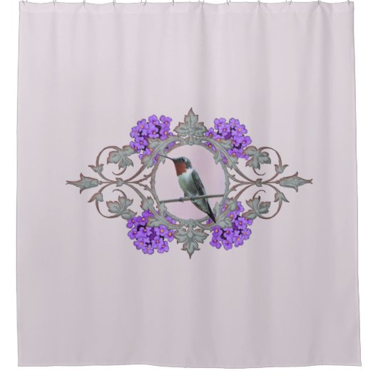 Ruby Throated Hummingbird met Purple Flowers Douchegordijn (Voorkant)