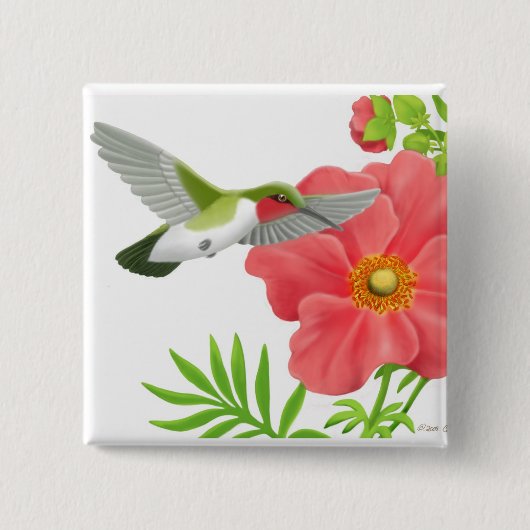 Ruby Throated Hummingbird Pin Vierkante Button 5,1 Cm (Voorkant)