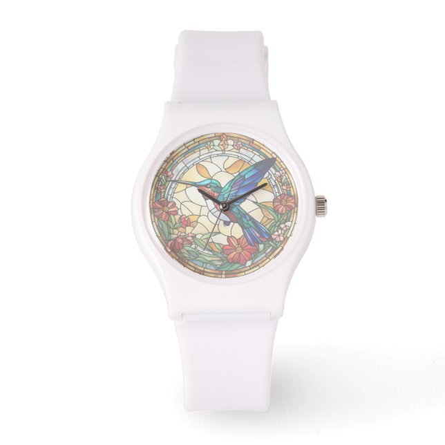 Ruby Throated Hummingbird Stain Glass (geen nummer Horloge (Voorkant)