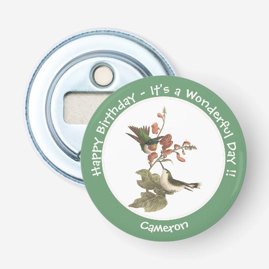 Ruby-throated kolibrie, verjaardag of andere parti button flesopener (Voorkant)