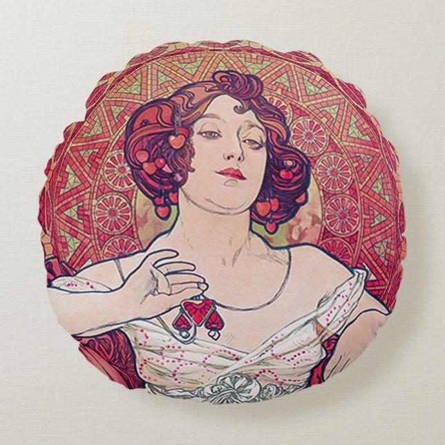 Ruby (Vier juwelen), Alphonse Mucha Sierkussen Rond Kussen (Voorkant)