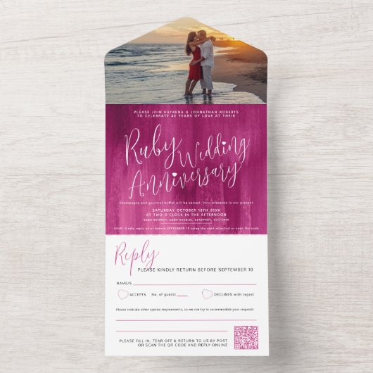 Ruby Wedding 40th foto QR code optie RSVP All In One Uitnodiging (Binnen)