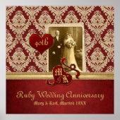 Ruby Wedding Jubileum Antiek Damask Gold Red Poster (Voorkant)