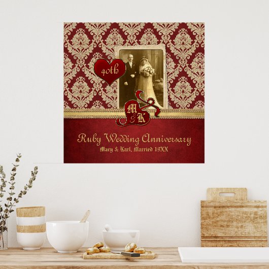 Ruby Wedding Jubileum Antiek Damask Gold Red Poster (Keuken)