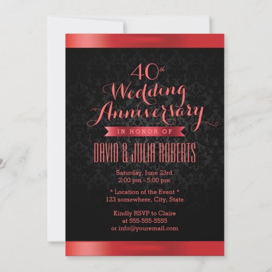 Ruby Wedding Jubileum Elegant Black Damask Kaart (Voorkant)